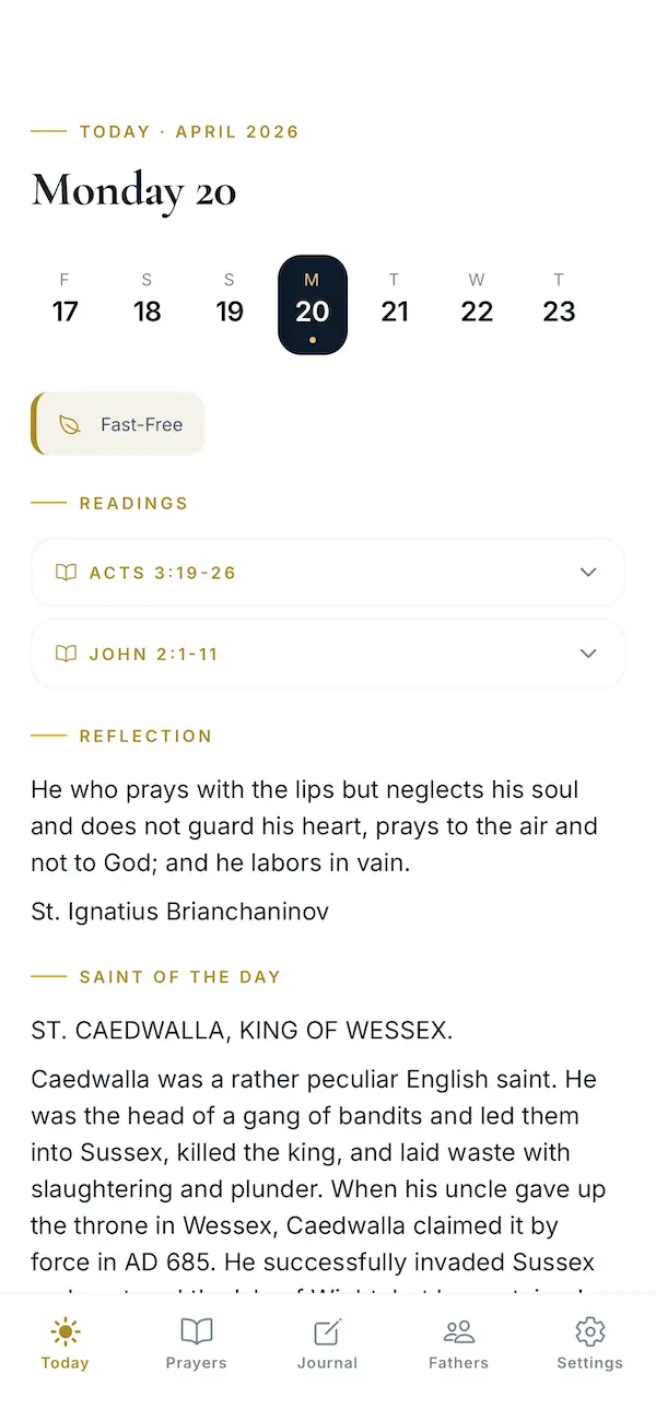 Today view showing daily readings, reflection, and saint of the day