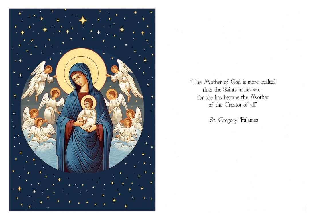 The Panagia Christmas card: the Mother of God holding the Christ Child, surrounded by angels